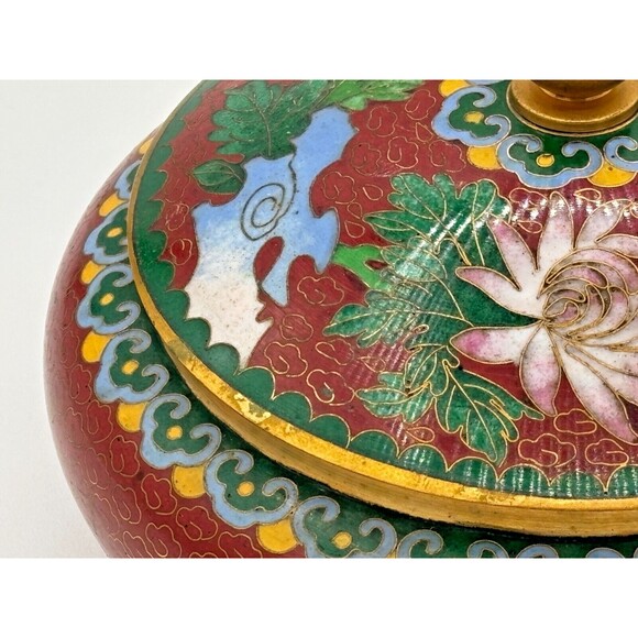 Vintage Chinese Cloisonné Enamel on Bronze Lidded Bowl Trinket Dish Floral Teal - Picture 12 of 16